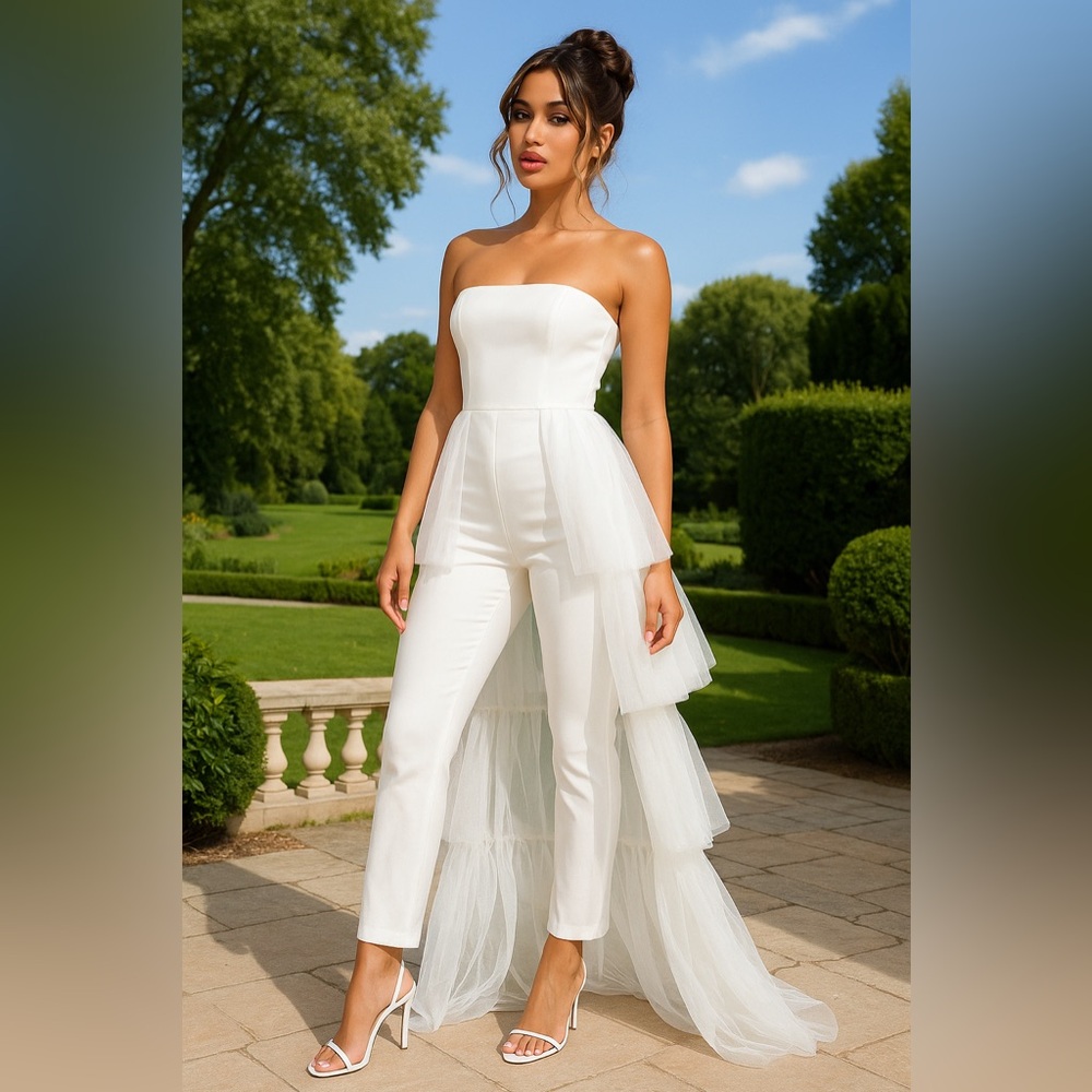 Elegant White Strapless Jumpsuit with Tulle Train